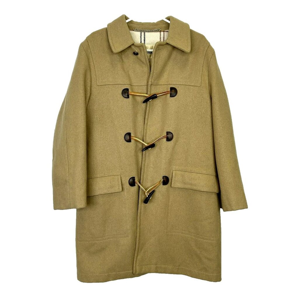 Vintage Duffle Coat Mens Size Large Wool Toggle Tan Winter Overcoat Croydon
